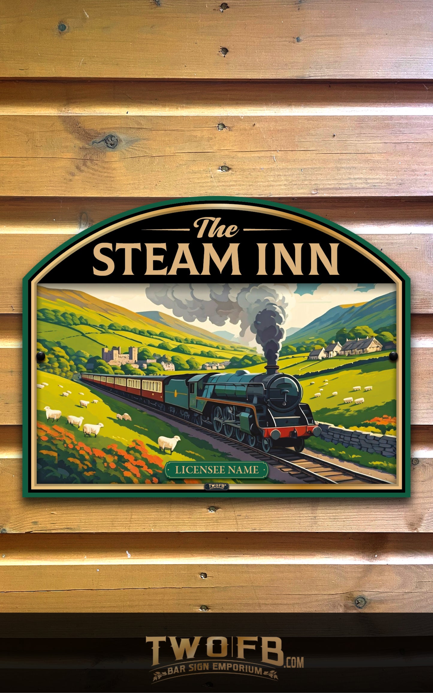 Decorative sign for 'The Steam Inn' with a steam train design on a wooden background.