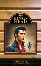 Load image into Gallery viewer, Decorative sign featuring a portrait of a Elvis Presley with a microphone, set against a wooden background.