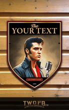 Load image into Gallery viewer, Elvis Presley-themed sign with customizable text on a wooden background