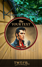 Load image into Gallery viewer, Decorative sign featuring a portrait of a Elvis Presley with a microphone, set against a wooden background.