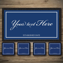 Load image into Gallery viewer, Personalizable blue sign with customizable text on a wooden surface