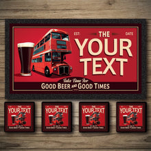 Load image into Gallery viewer, Red double-decker bus and beer glass design with customizable text on a wooden surface.