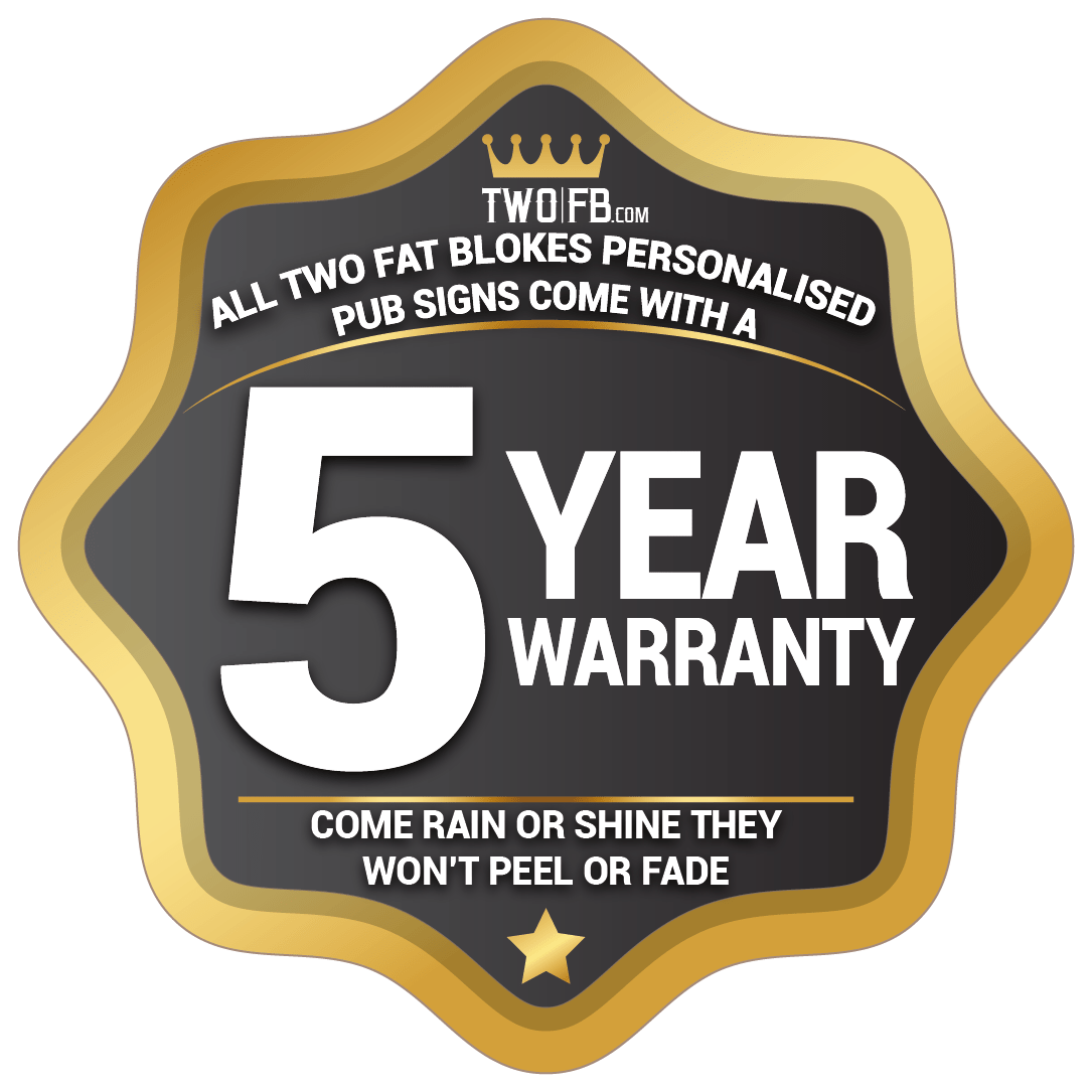 Five-year warranty badge for personalized pub signs with gold and black design.
