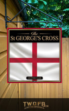 Load image into Gallery viewer, St George's Cross sign with red cross on white background, hanging outdoors.