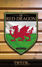 Load image into Gallery viewer, Red dragon emblem on a shield with 'The Red Dragon' text, displayed on a wooden background.