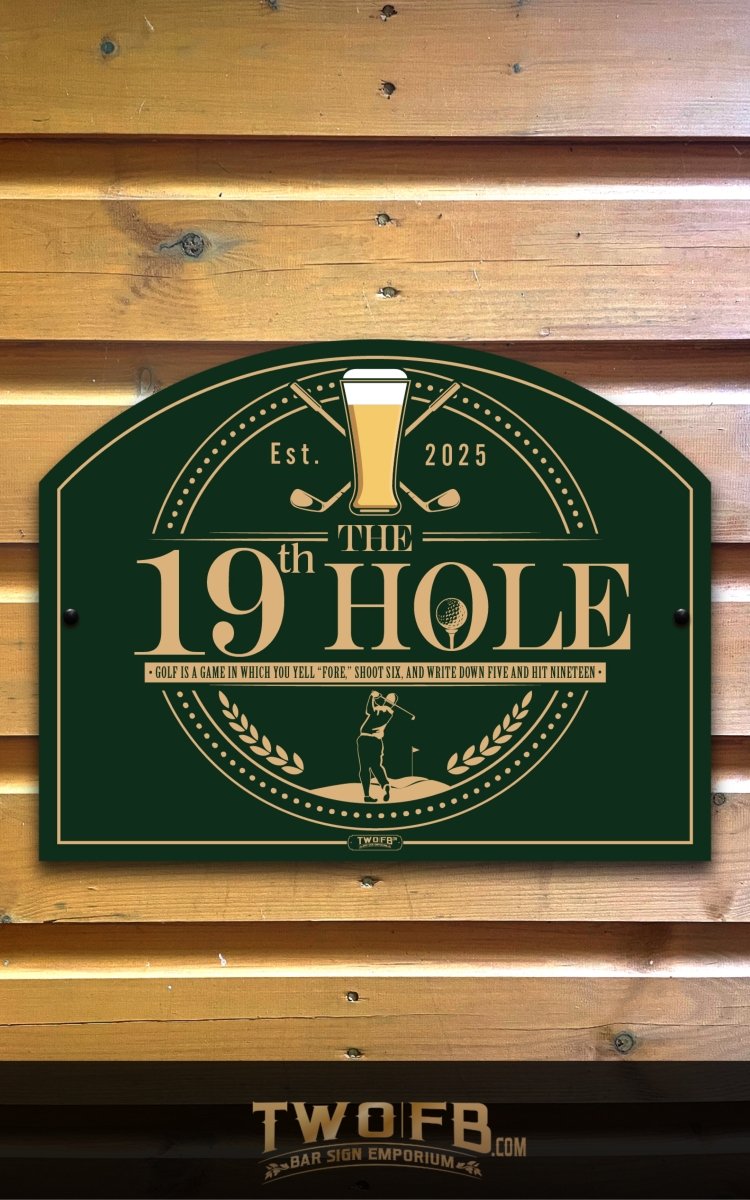 Decorative sign for 'The 19th Hole' with golf-themed design on a wooden background.
