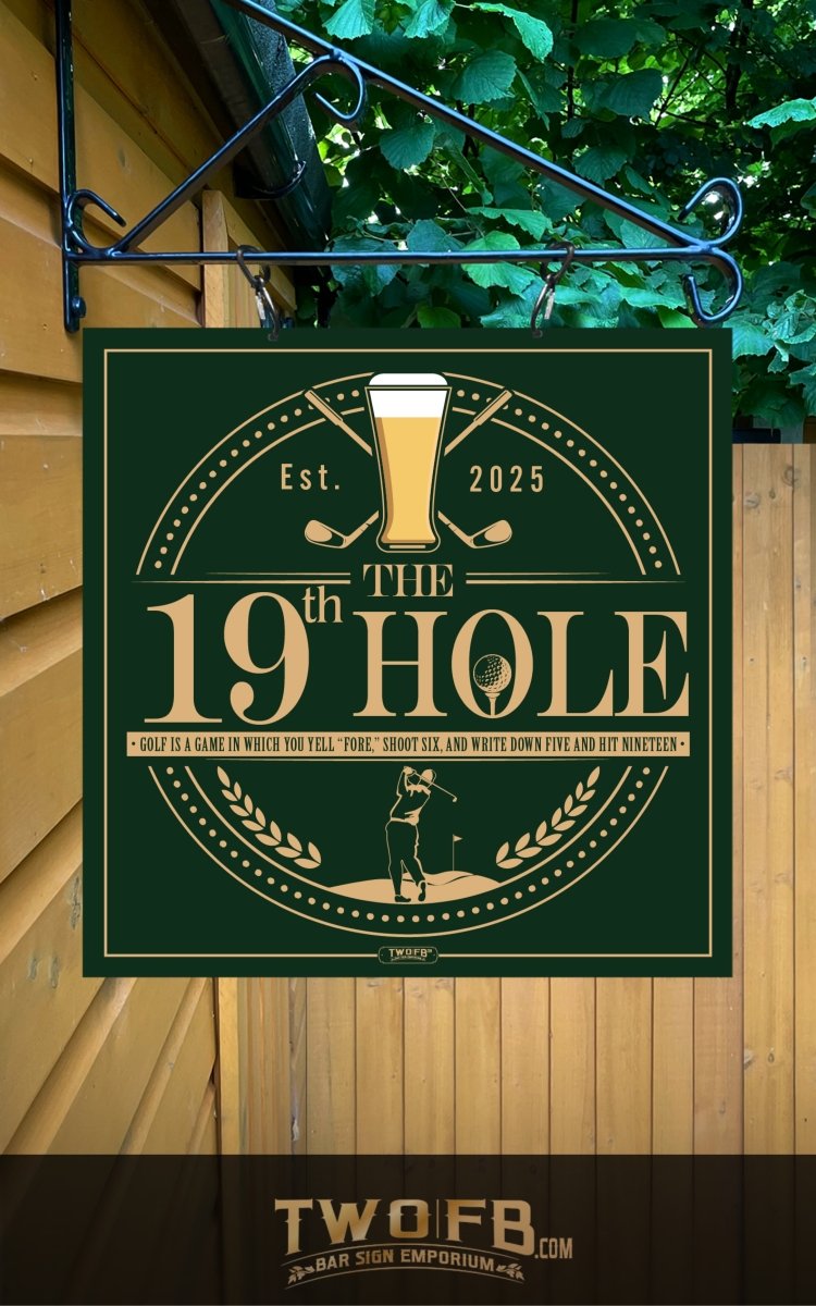 Decorative sign for 'The 19th Hole' with golf-themed design on a green background.