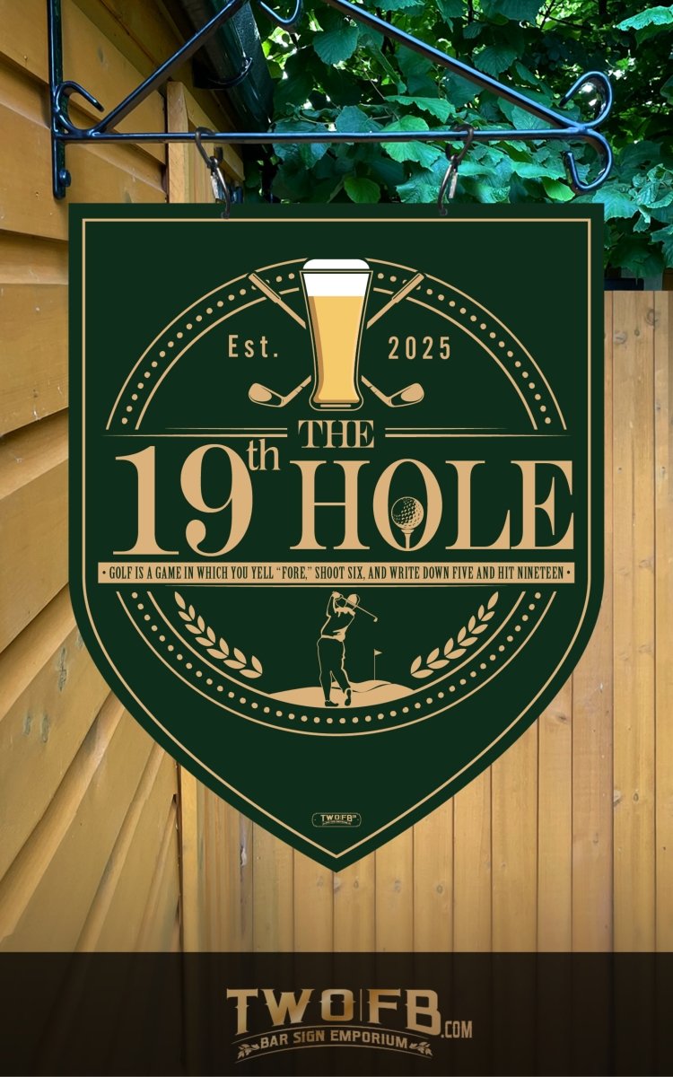 Decorative sign for 'The 19th Hole' with golf-themed design on a green background.