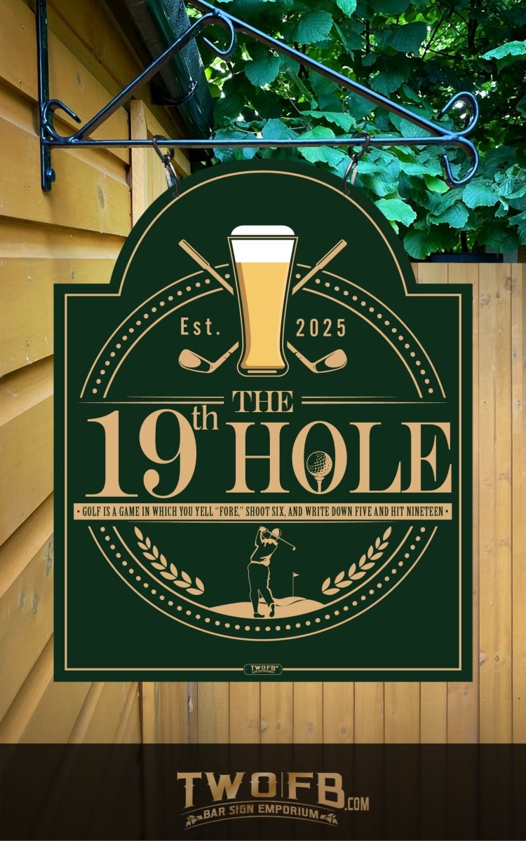 Green sign with 'The 19th Hole' logo featuring a beer glass and golf elements, hanging on a building.