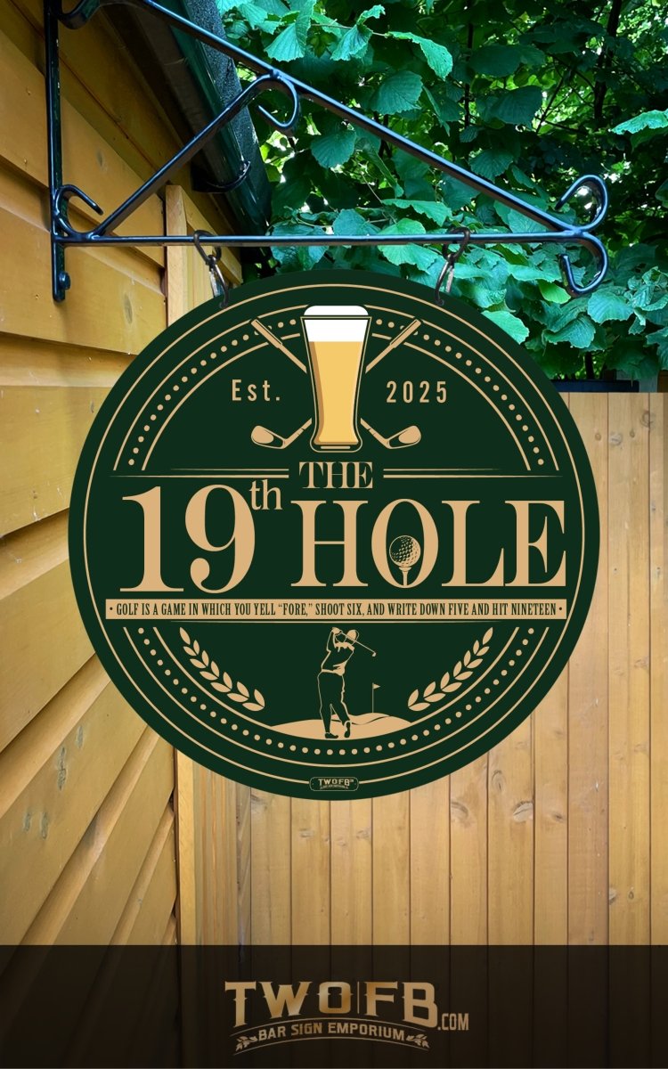 Decorative sign for 'The 19th Hole' with golf-themed design on a wooden wall.