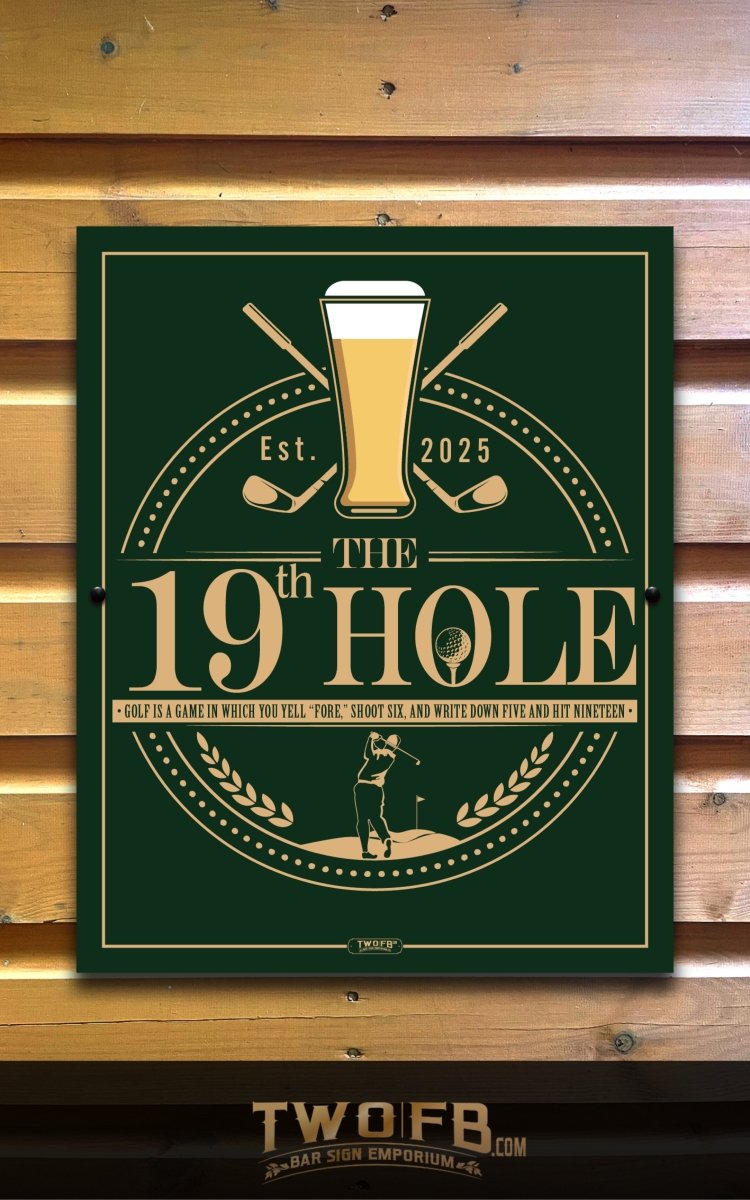 Decorative sign for 'The 19th Hole' with golf-themed design on a wooden background.