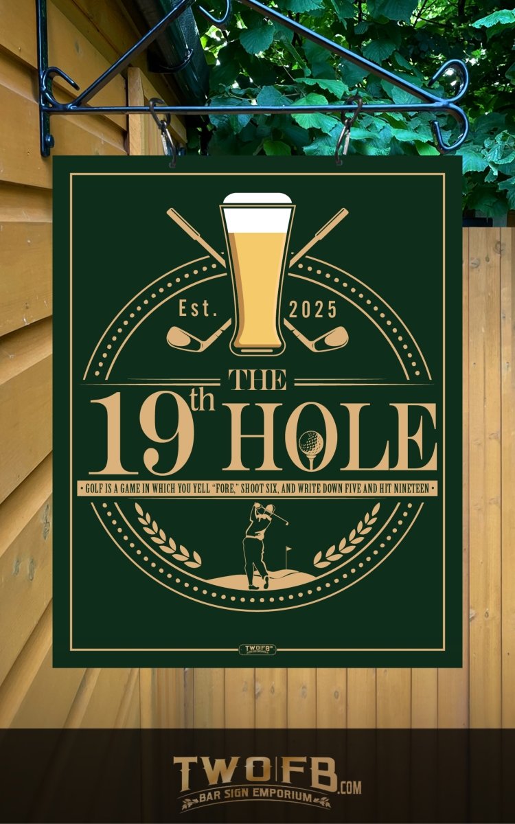 Decorative sign for 'The 19th Hole' with golf-themed design on a green background.