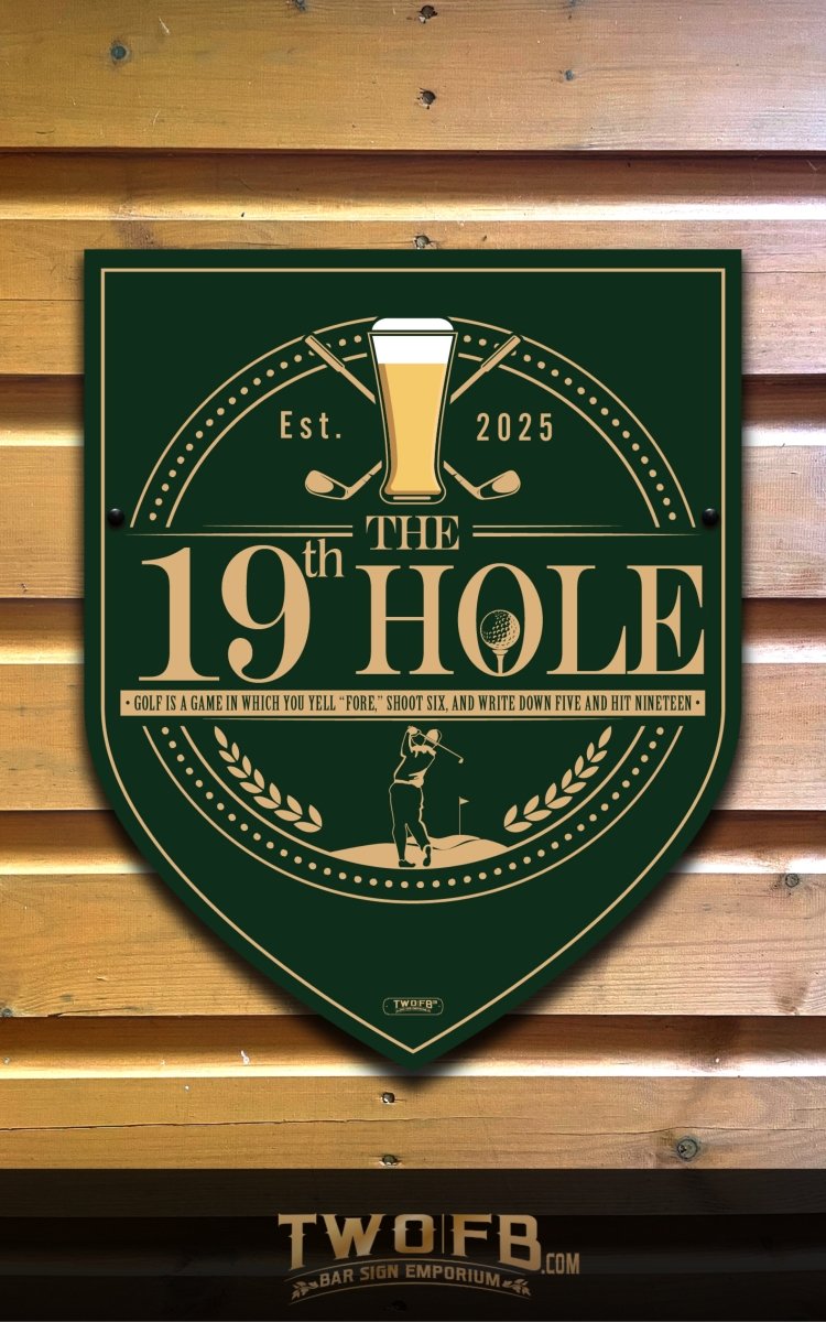 Decorative sign for 'The 19th Hole' with golf-themed design on a wooden background.