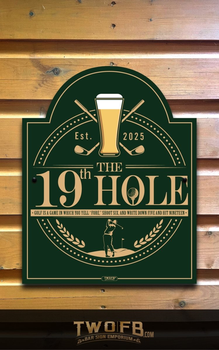 Decorative sign for 'The 19th Hole' with a beer glass and golf elements on a wooden background.