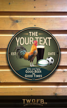 Load image into Gallery viewer, Decorative sign with rooster, beer glass, and soccer ball on a wooden background
