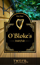 Load image into Gallery viewer, Sign for O&#39;Bloke&#39;s Irish Pub with a harp design on a wooden background
