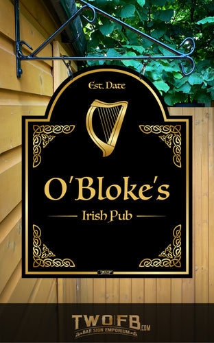 Sign for O'Bloke's Irish Pub with a harp design on a wooden background