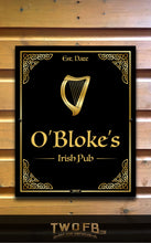 Load image into Gallery viewer, Decorative sign for O&#39;Bloke&#39;s Irish Pub with a harp design on a wooden background
