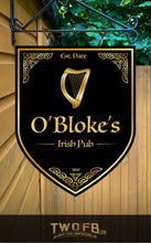 Load image into Gallery viewer, Sign for O&#39;Bloke&#39;s Irish Pub with a harp design on a wooden background
