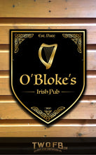 Load image into Gallery viewer, Sign for O&#39;Bloke&#39;s Irish Pub with a harp design on a wooden background
