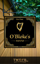Load image into Gallery viewer, Decorative sign for O&#39;Bloke&#39;s Irish Pub with a gold harp design on a black background.
