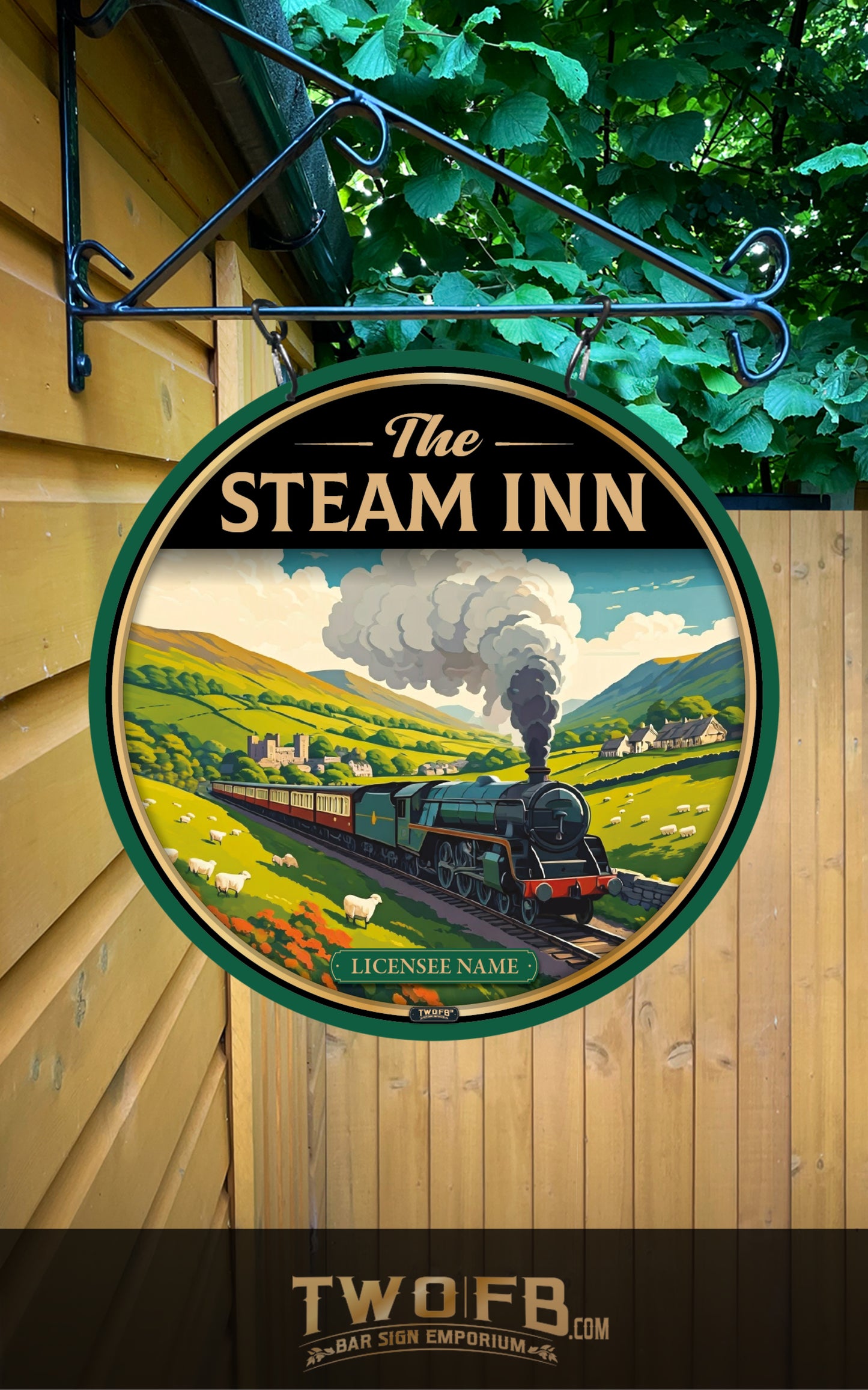 Round sign for 'The Steam Inn' with a vintage train design, hanging on a wooden wall.