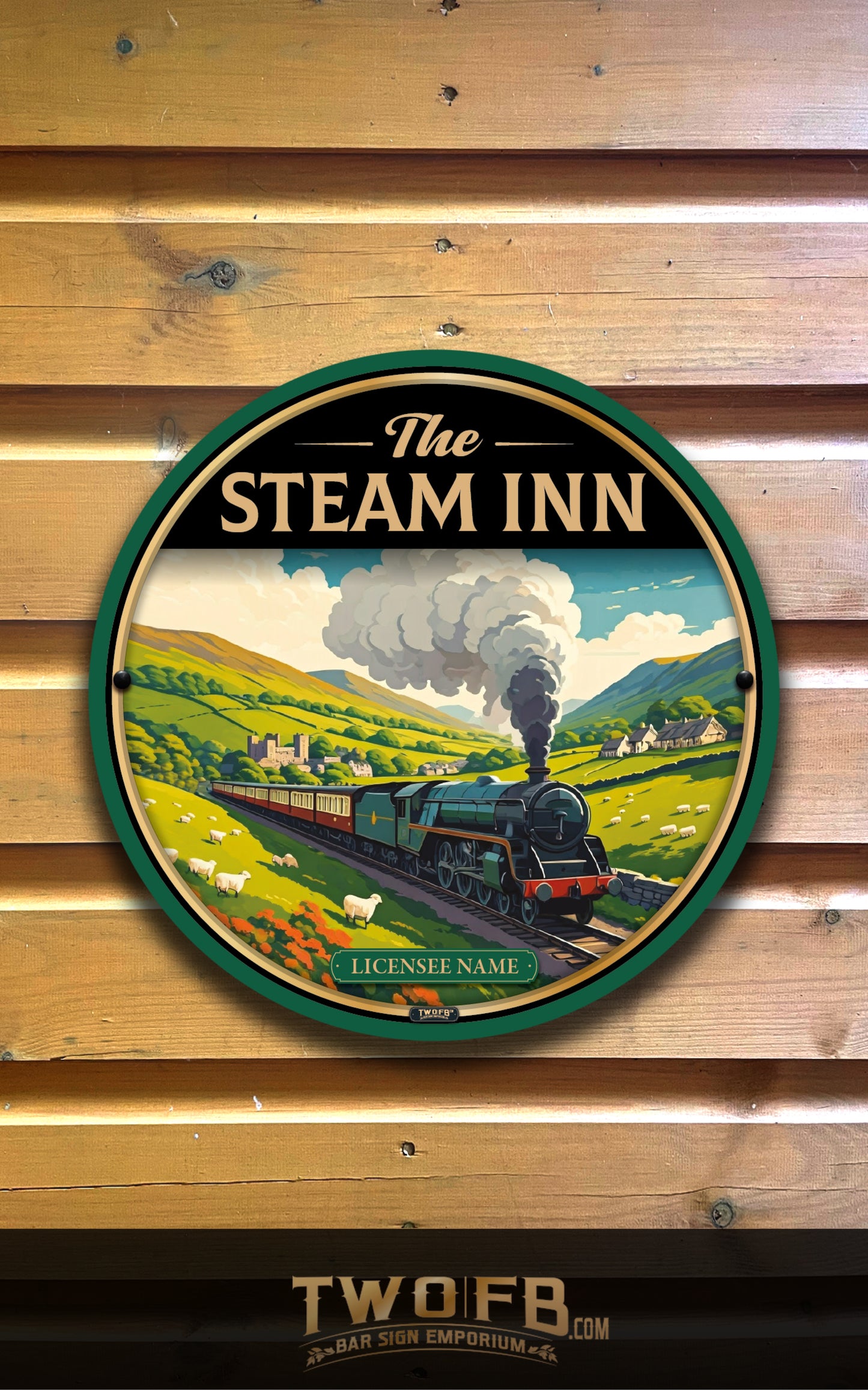 Decorative sign for 'The Steam Inn' with a vintage train design on a wooden background.