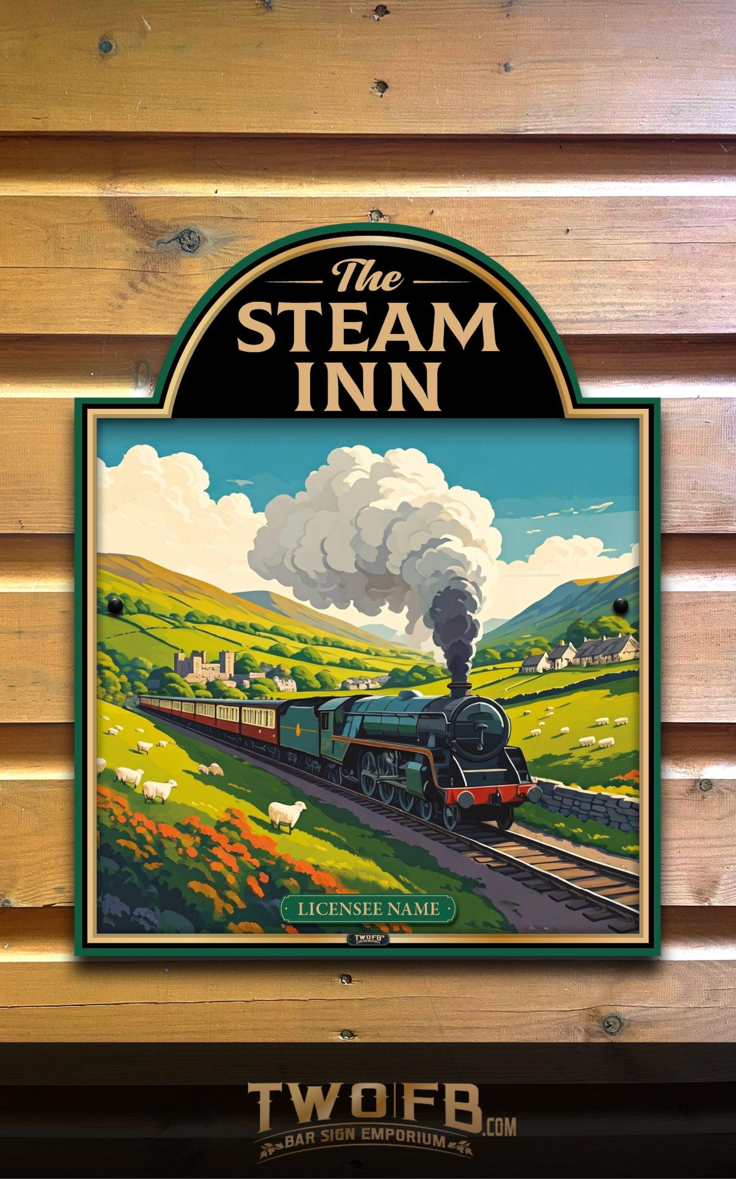 Decorative sign for 'The Steam Inn' with a vintage train scene on a wooden wall.