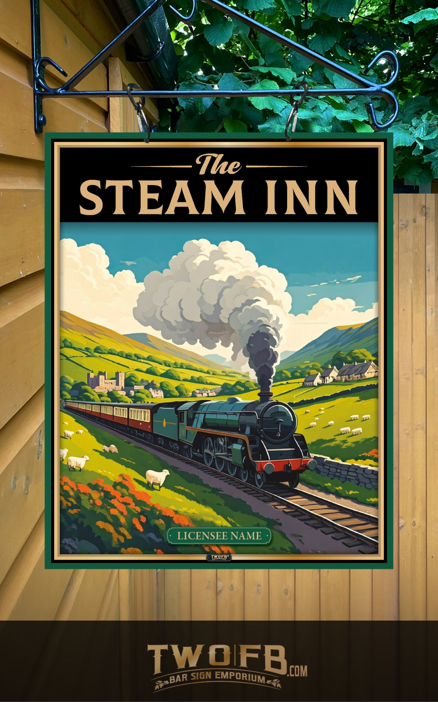 Decorative sign for 'The Steam Inn' with a steam locomotive and scenic landscape.
