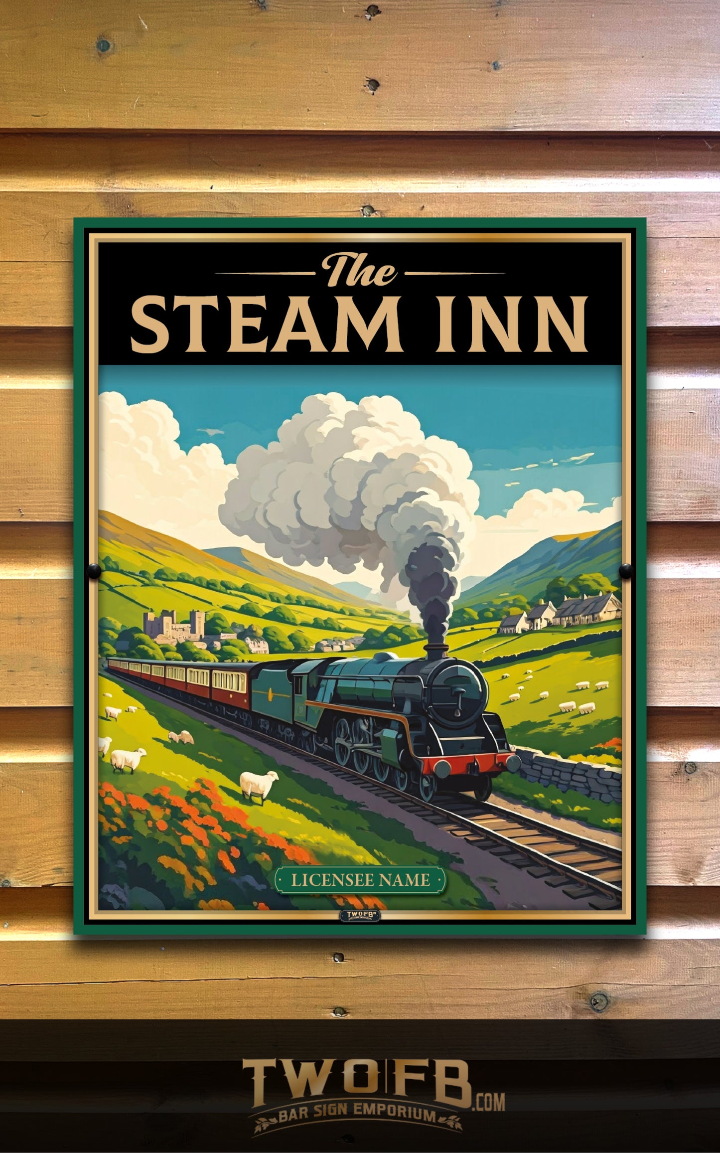 Vintage-style poster of a steam train labeled 'The Steam Inn' on a wooden wall.