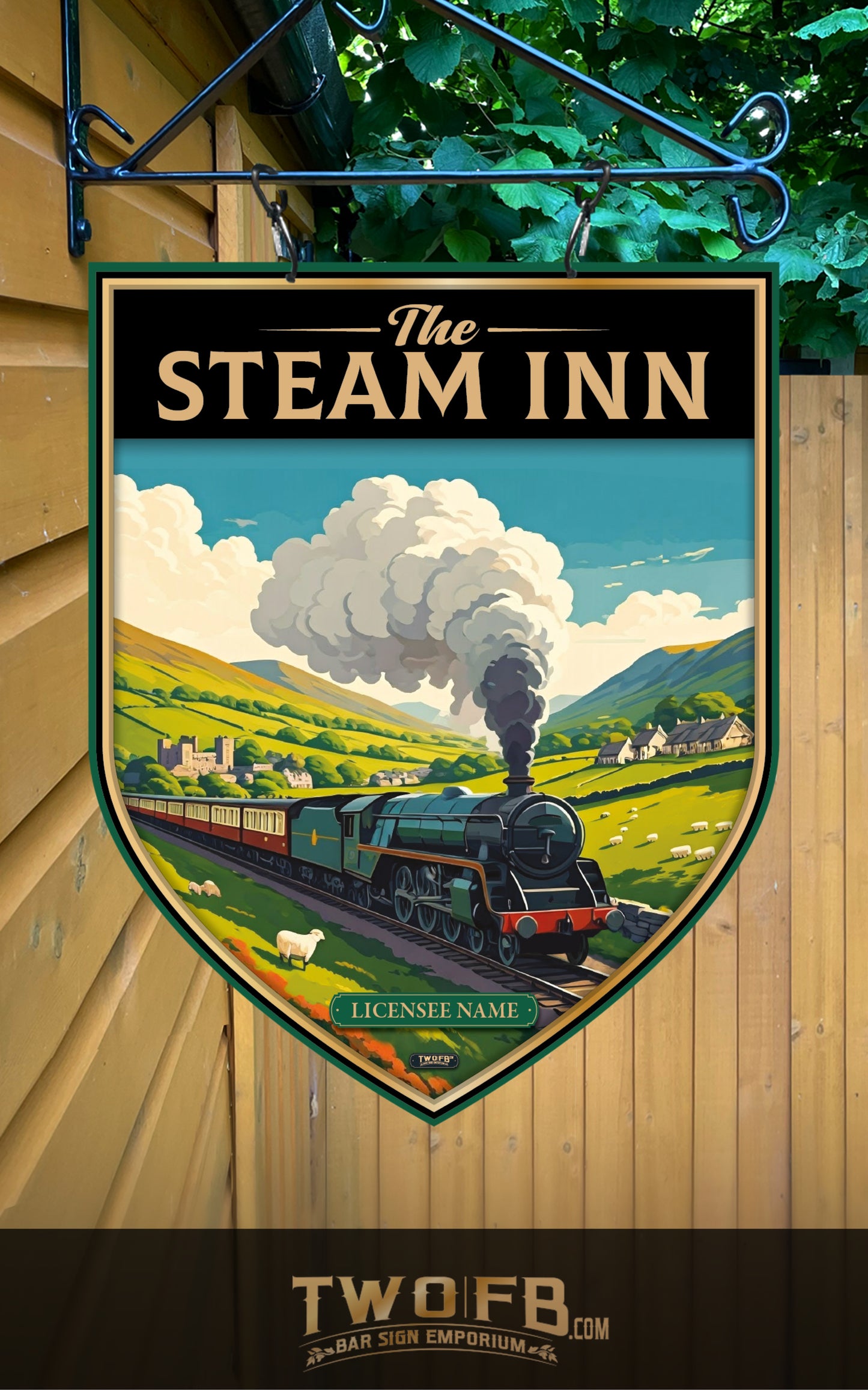 Decorative sign for 'The Steam Inn' with a steam train design, hanging on a wall.