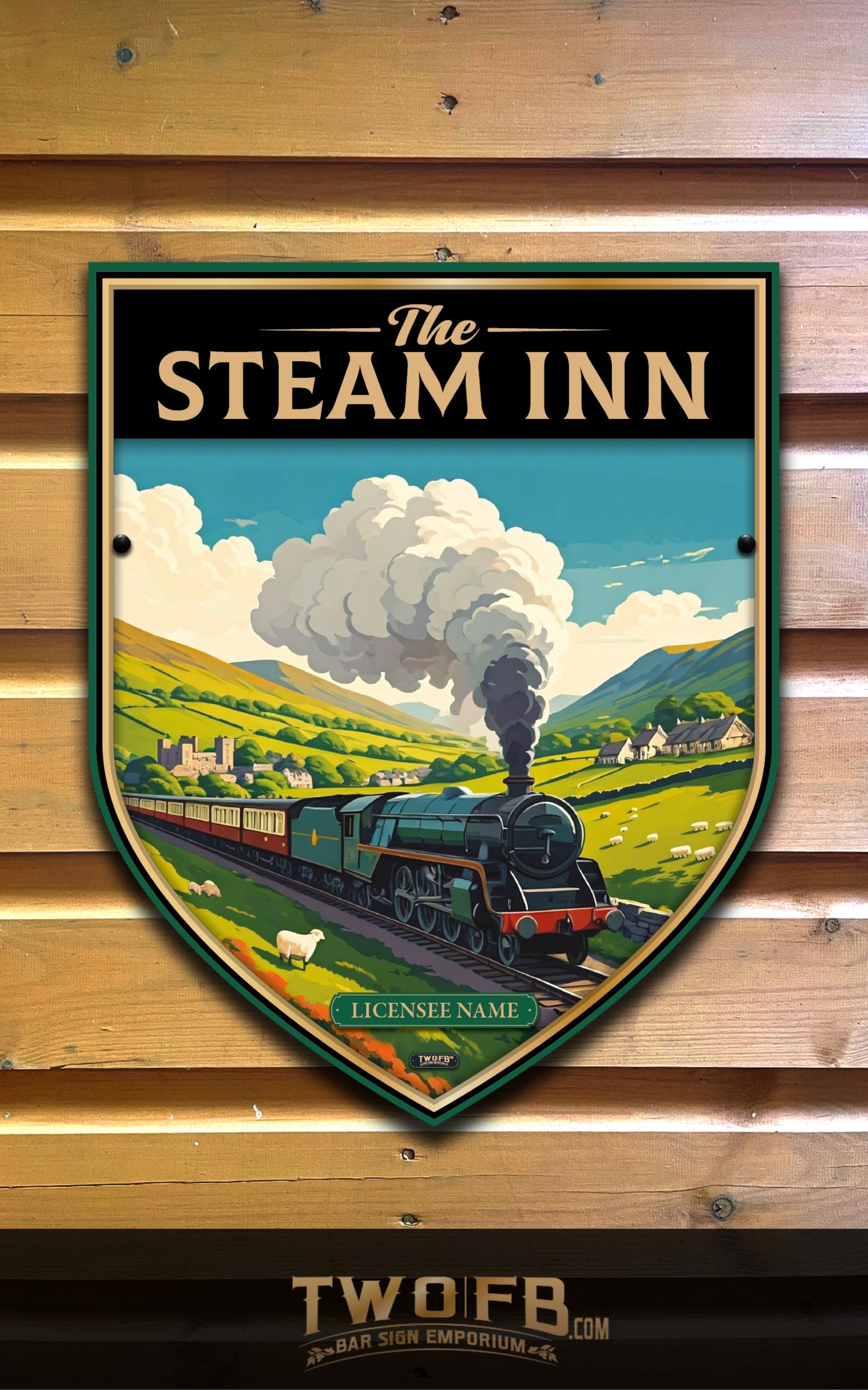 Decorative sign for 'The Steam Inn' with a steam locomotive design on a wooden background.
