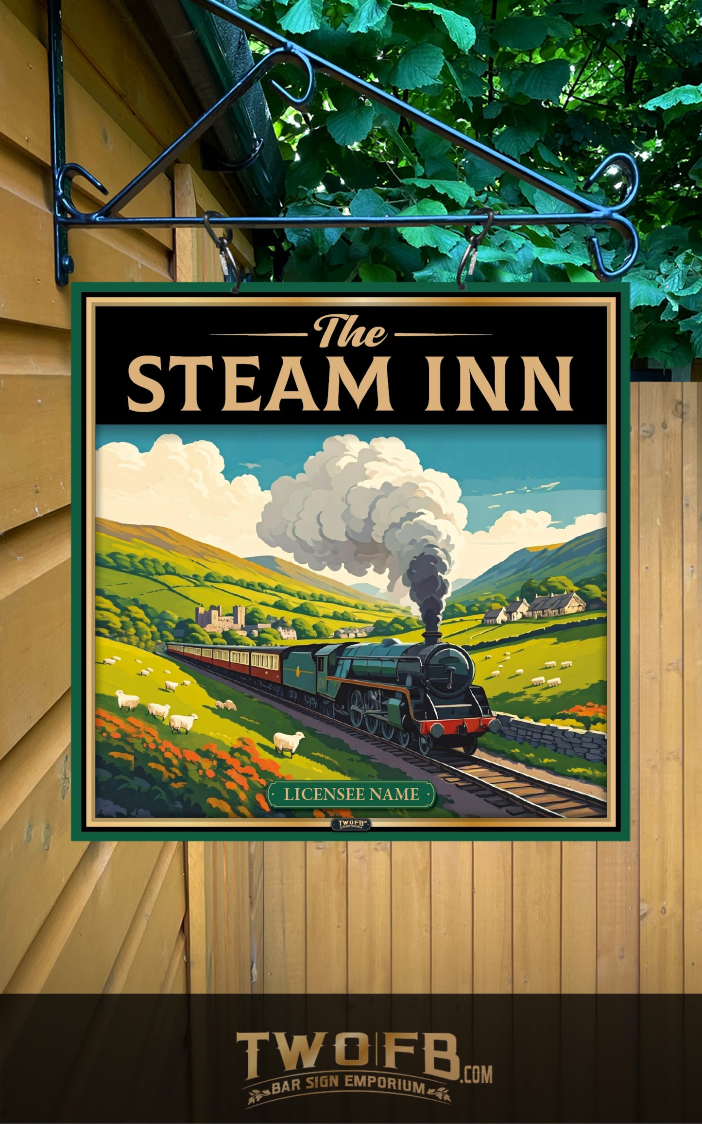 Sign for 'The Steam Inn' with a vintage train design on a wooden background.