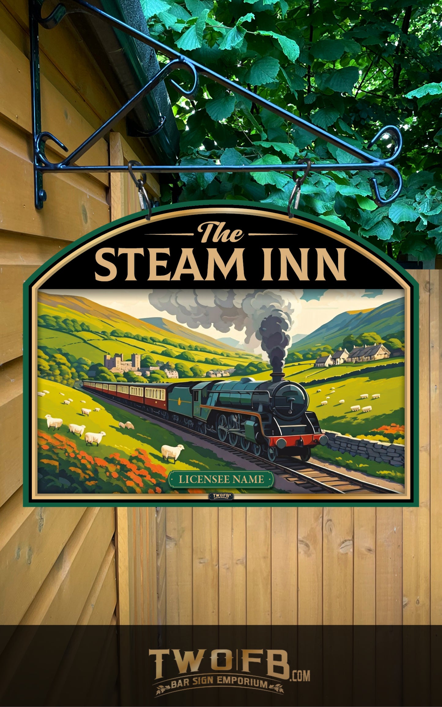 Sign for 'The Steam Inn' with a vintage train design, hanging on a wall.