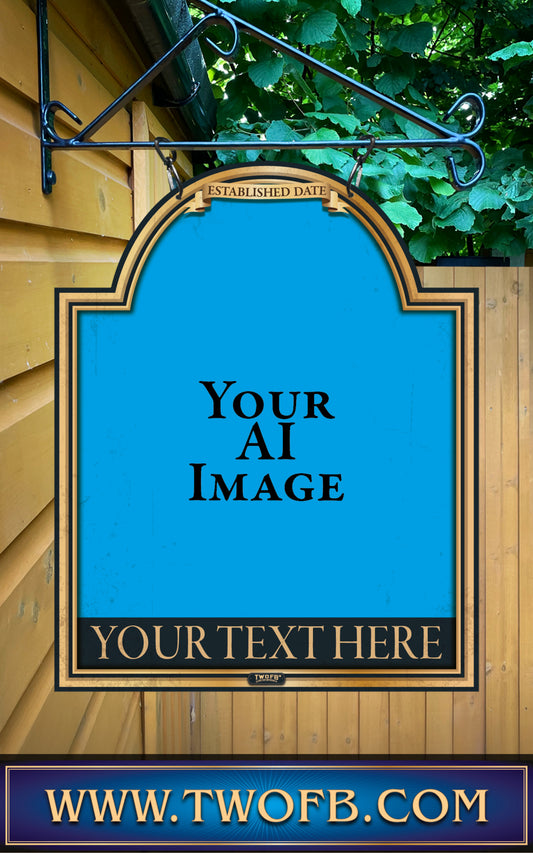 Decorative sign with customizable text on a blue background, hanging against a wooden wall with greenery.