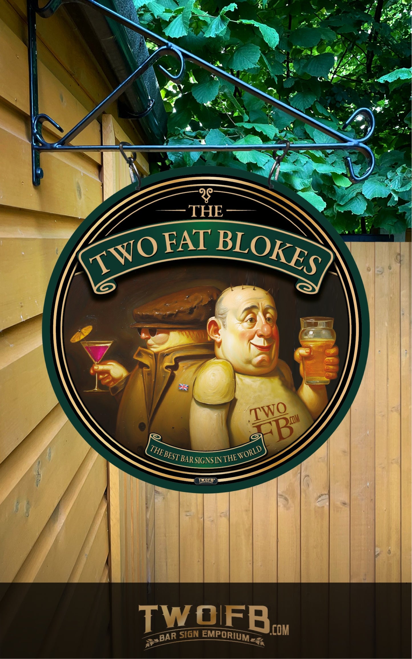 A round hanging sign for 'The Two Fat Blokes' beer hall, featuring a painted illustration of a jovial man holding a pint and a martini glass, mounted on a wooden wall with a black metal bracket and green foliage above.