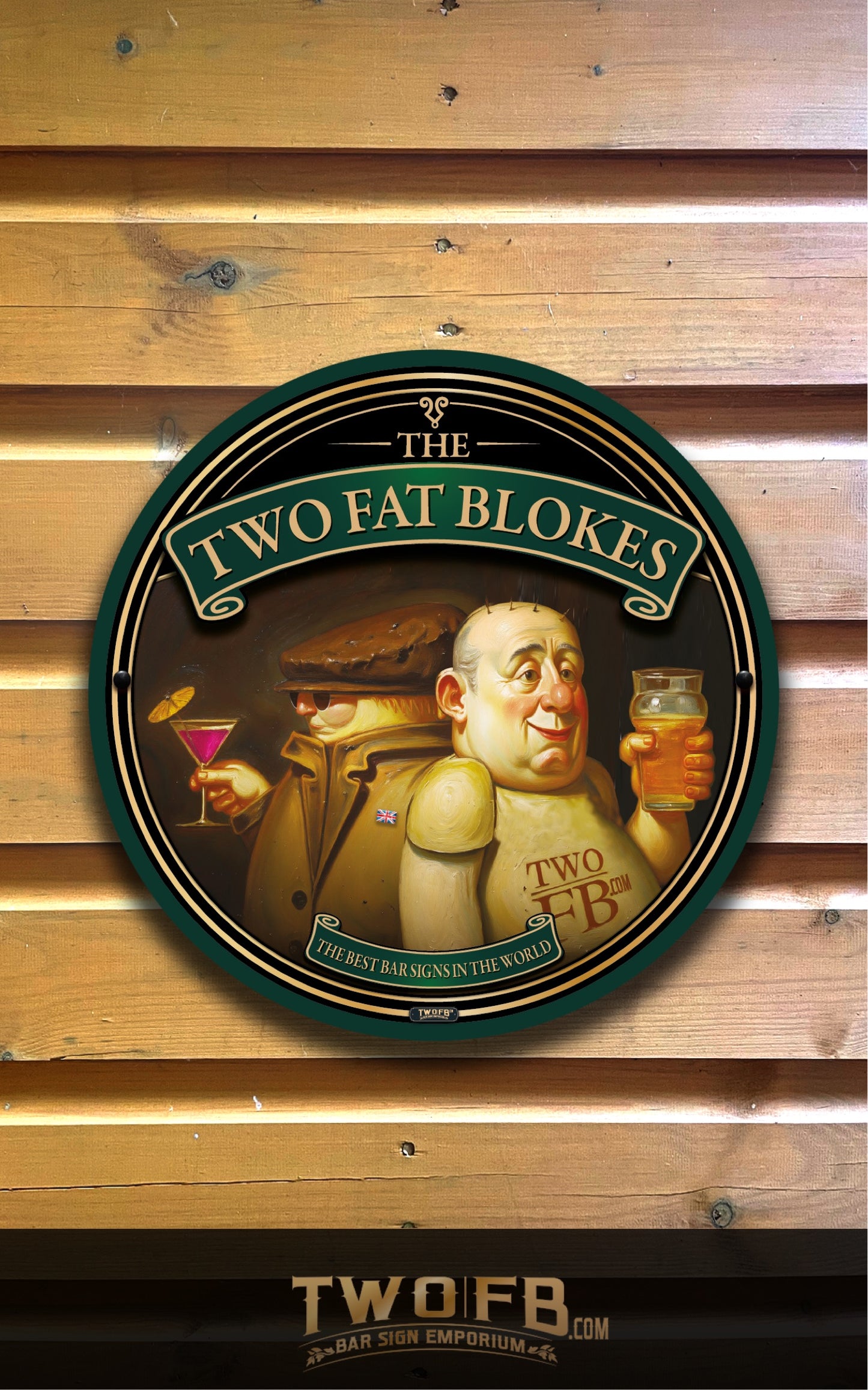 A circular bar sign for 'The Two Fat Blokes' featuring a cartoon illustration of a jovial man holding a pint and a martini glass, mounted on a wooden slat wall with the website twoofb.com below it.