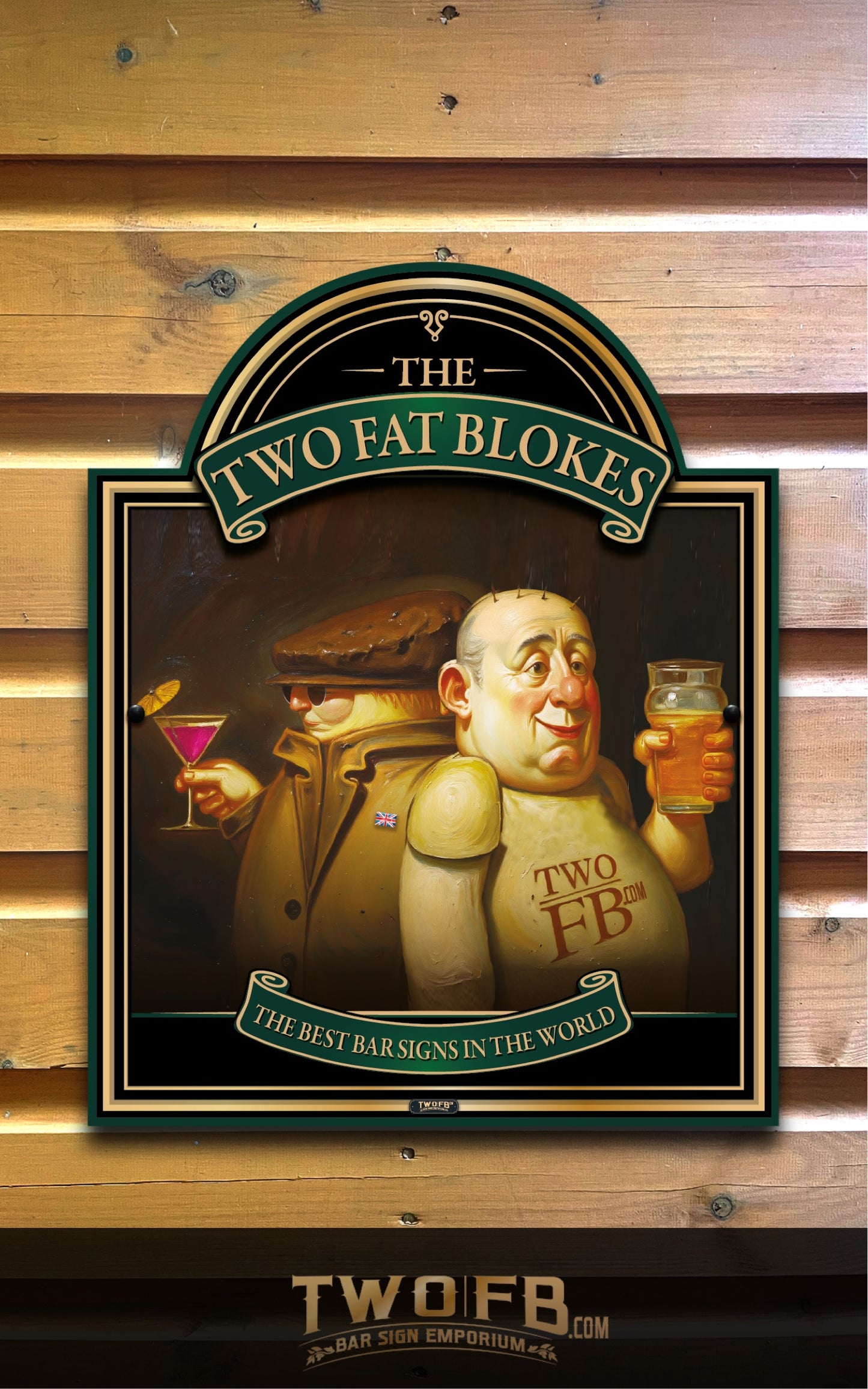 A framed bar sign featuring an illustration of two stout-faced barsign makers with large bellies, one holding a pink drink and the other a beer mug, under the text 'THE TWO FAT BLOKES'. The sign is mounted on a rustic wooden plank wall, with 'TWO FB' branding at the bottom.