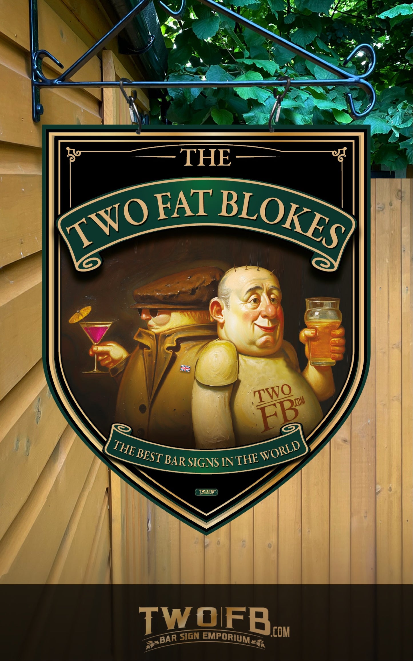 A decorative hanging sign for 'The Two Fat Blokes' bar, featuring a cartoon illustration of two stout-drinking men and the text 'THE BEST BAR SIGNS IN THE WORLD'. The sign is mounted on a wooden fence outdoors.