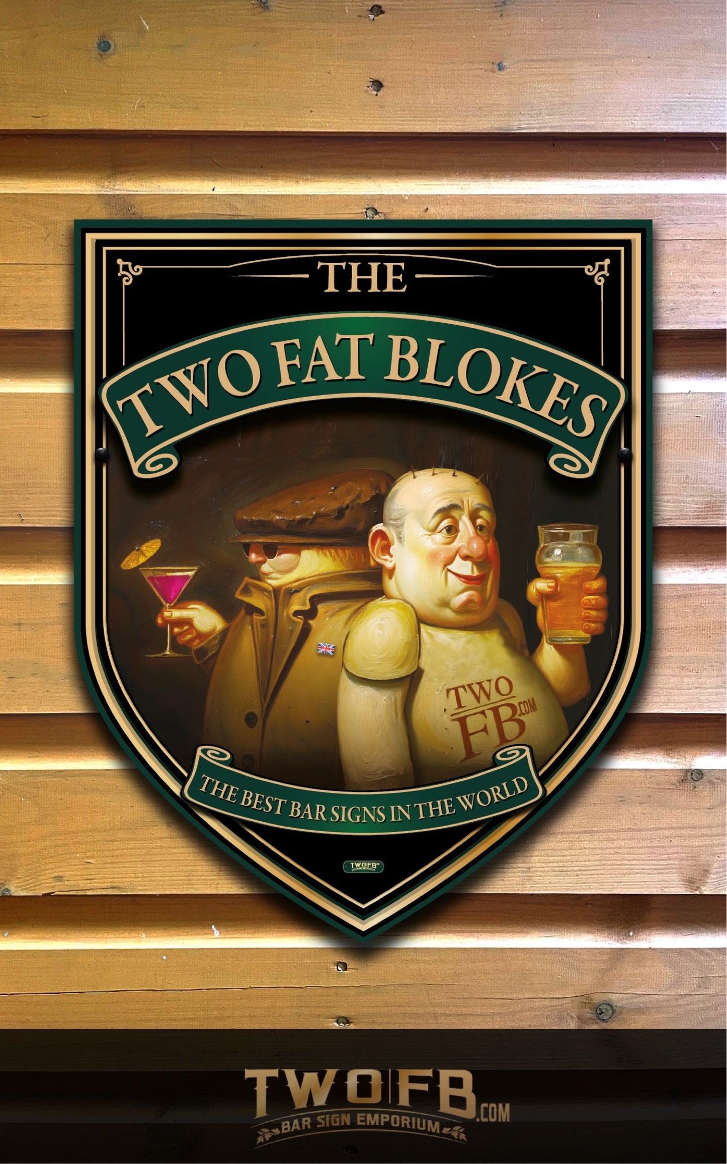 A decorative shield-shaped sign reading 'THE TWO FAT BLOKES' hangs on a wood plank wall. The sign features an illustrated barman holding a drink and a cocktail glass, with the text 'THE BEST BAR SIGNS IN THE WORLD' and 'TWO FB' on the character's chest.