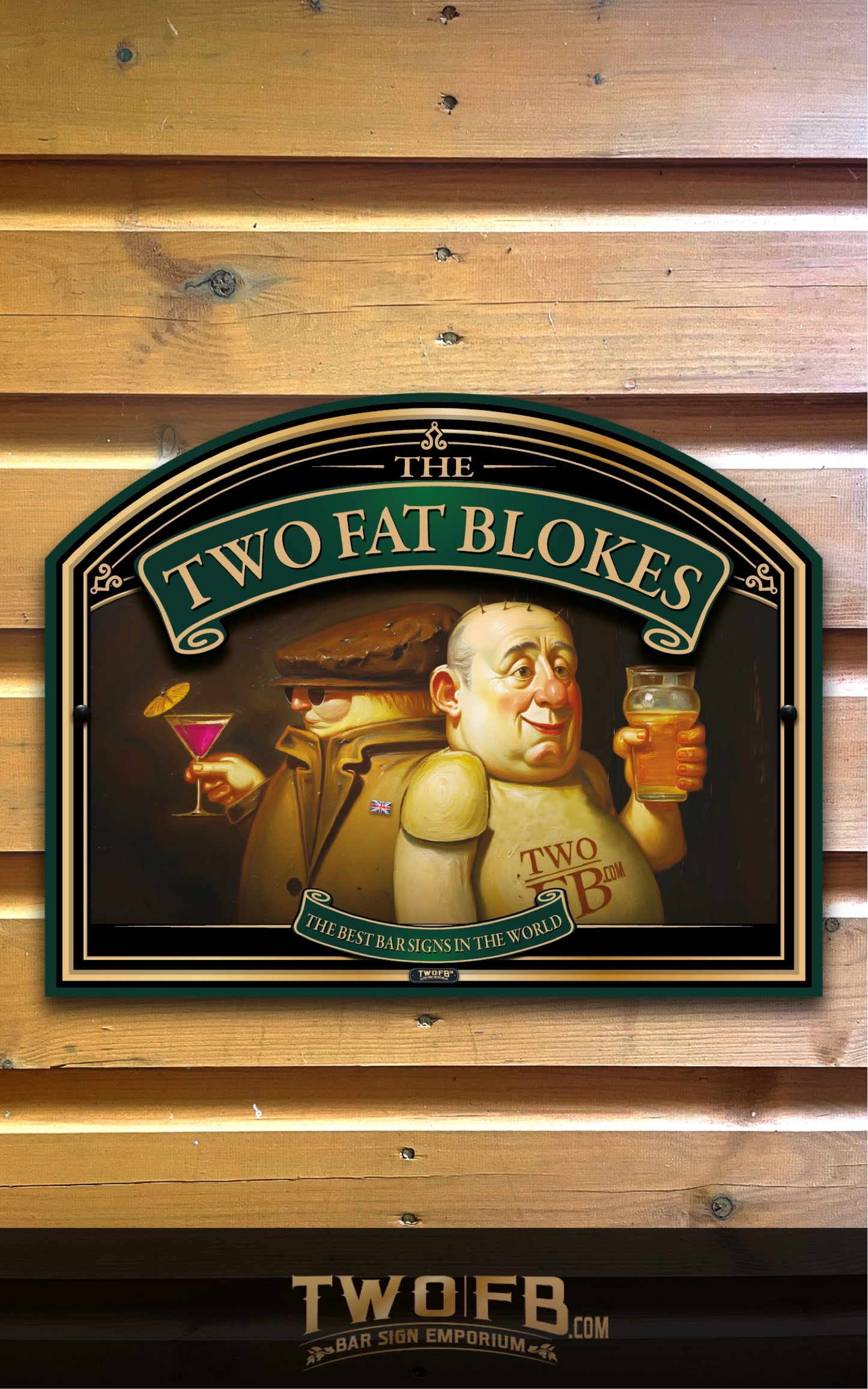 A decorative wall sign for 'The Two Fat Bokes' featuring a cartoon illustration of a jovial man holding a pint and a cocktail glass, mounted on a wooden plank wall.