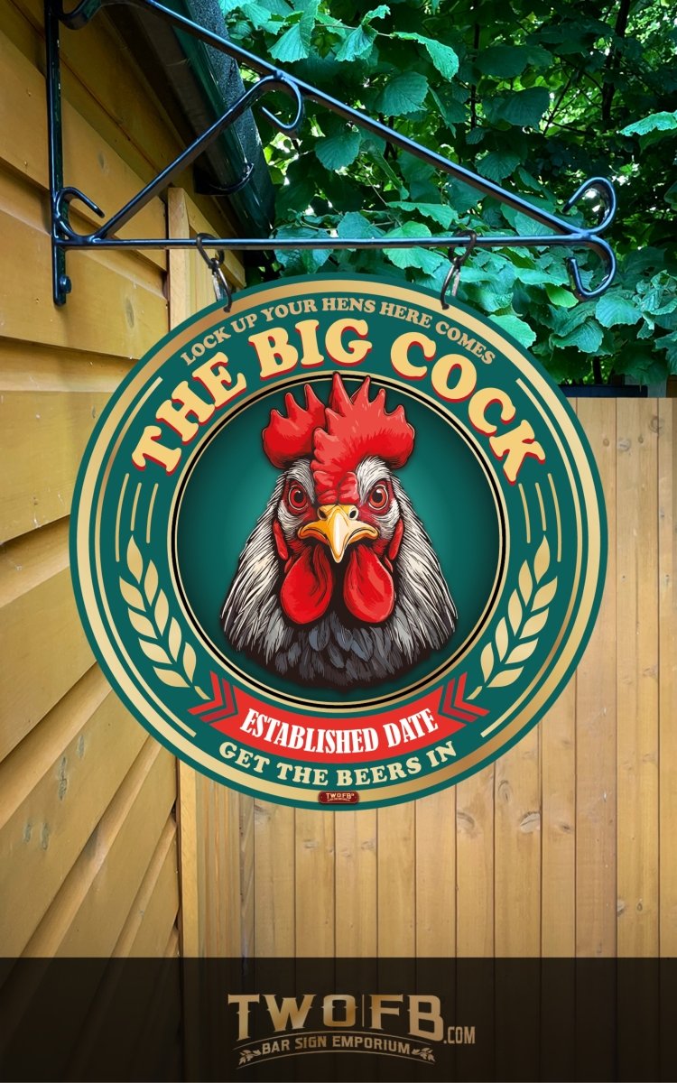 Sign with a rooster illustration and text on a wooden wall