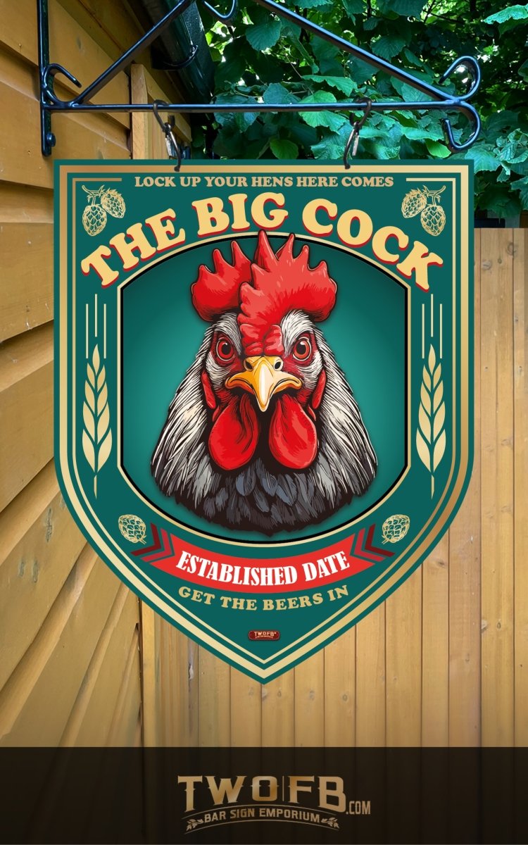 Decorative sign with a rooster illustration and text 'The Big Cock' on a wooden background.