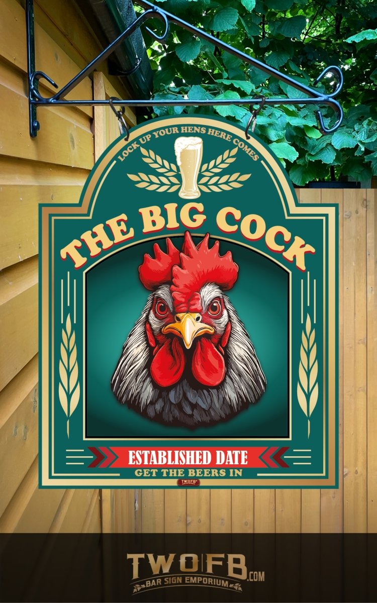 Decorative sign with a rooster illustration and text on a wooden background