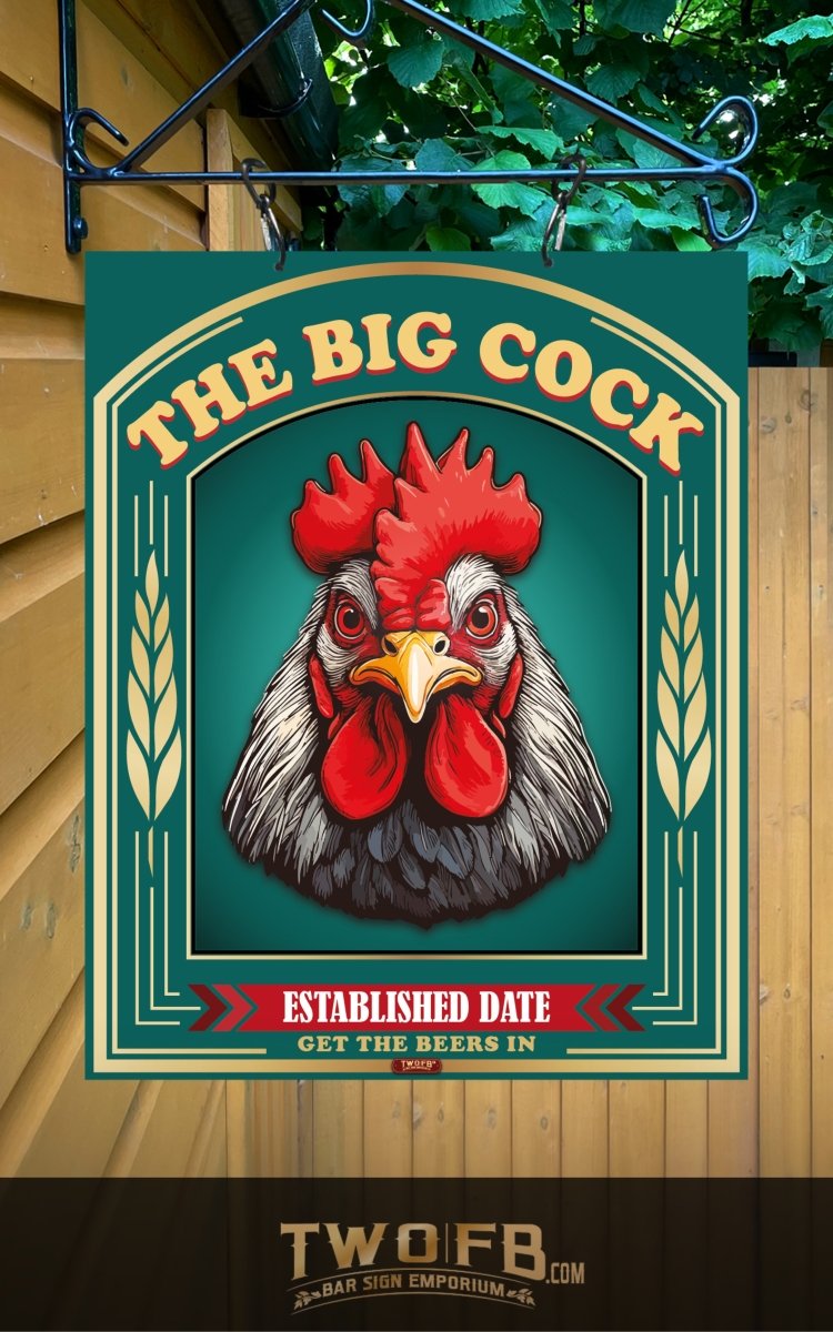 Decorative sign with a rooster illustration and text on a green background.