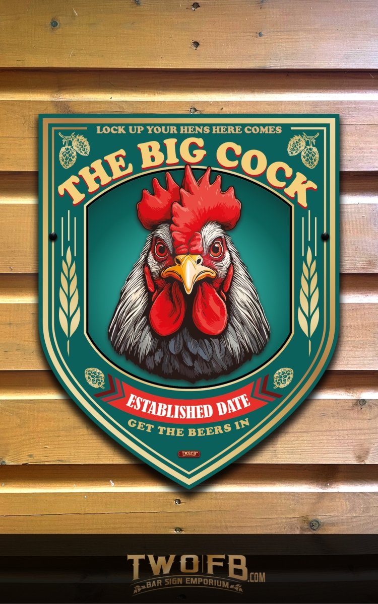Decorative sign with a rooster illustration and text on a wooden background