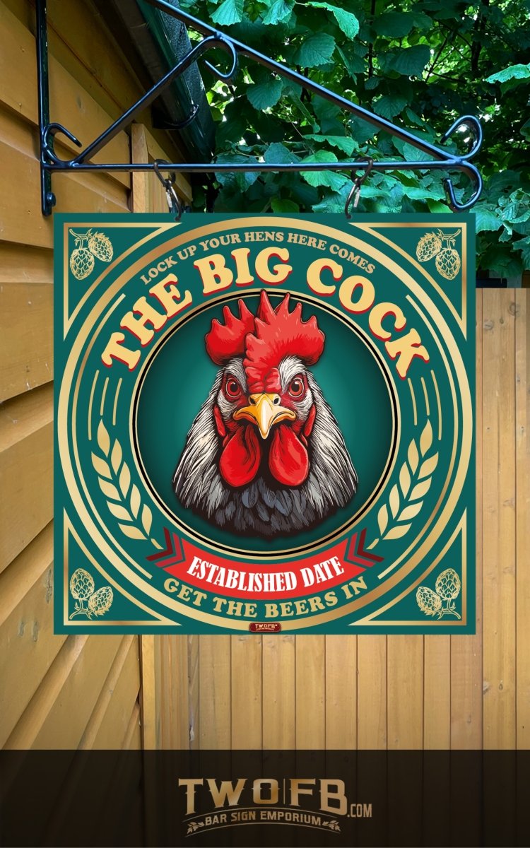 Decorative sign with a rooster illustration and text on a wooden background