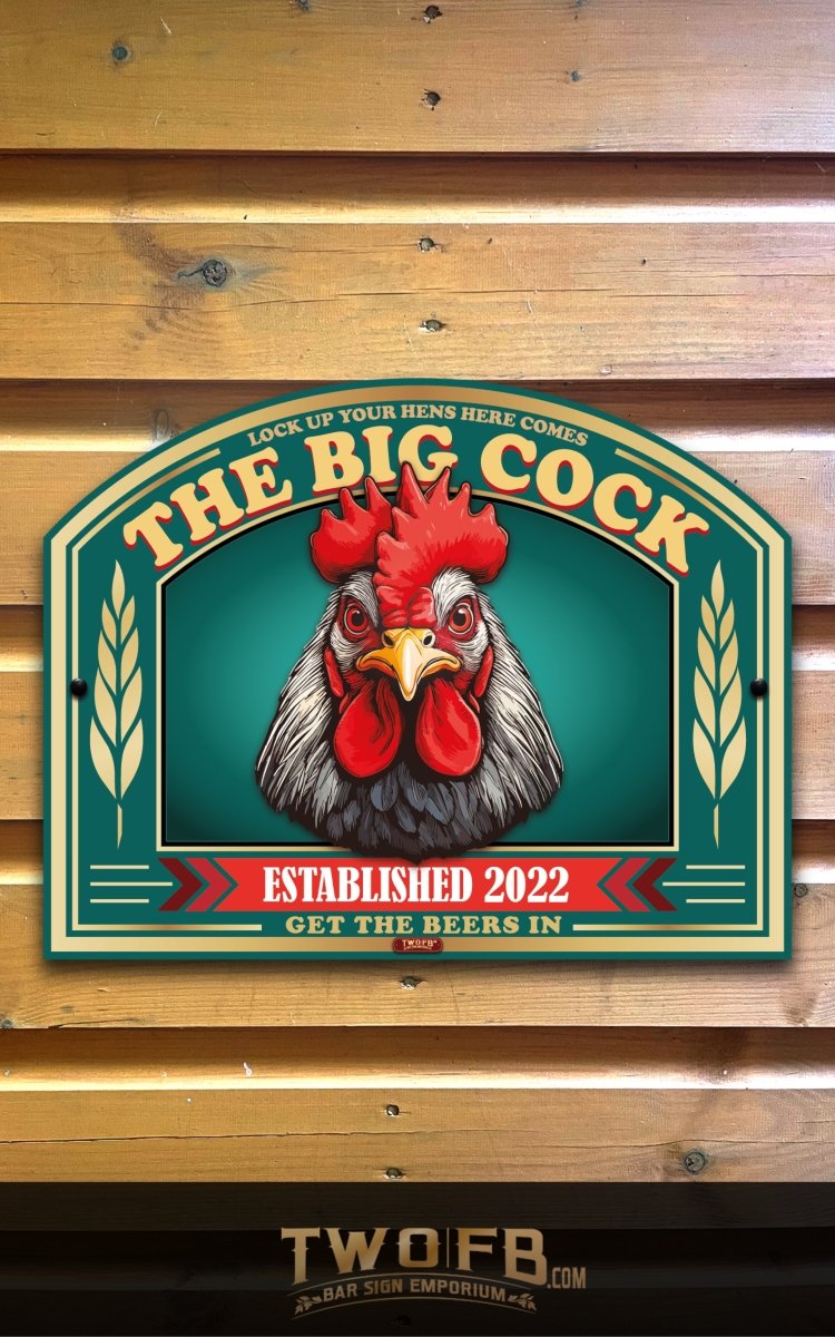 Decorative sign with a rooster illustration and text on a wooden background