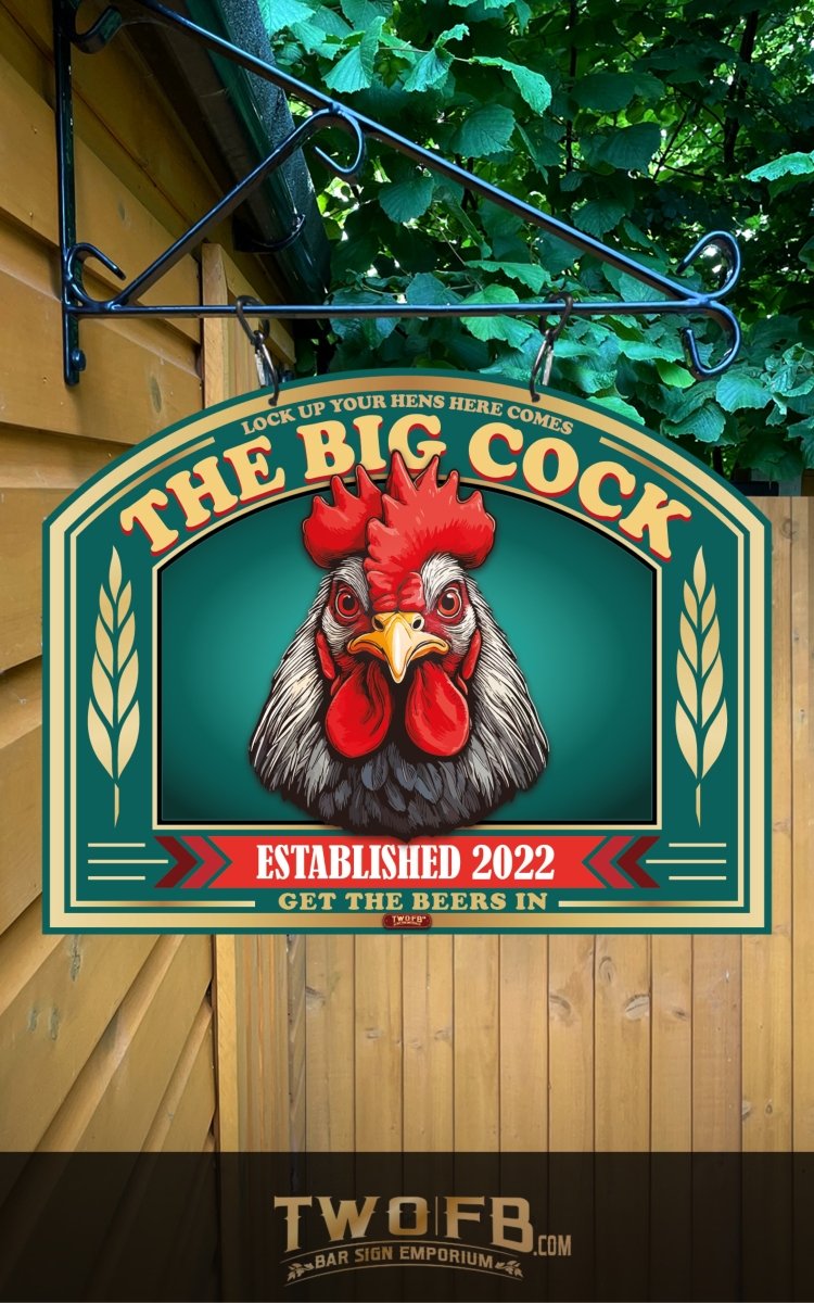 Decorative sign with a rooster illustration and text on a wooden wall.