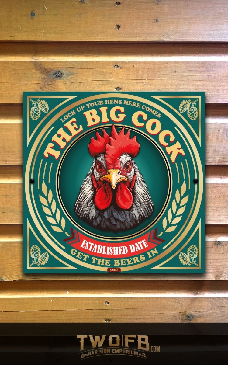 Decorative sign with a rooster illustration on a wooden wall.